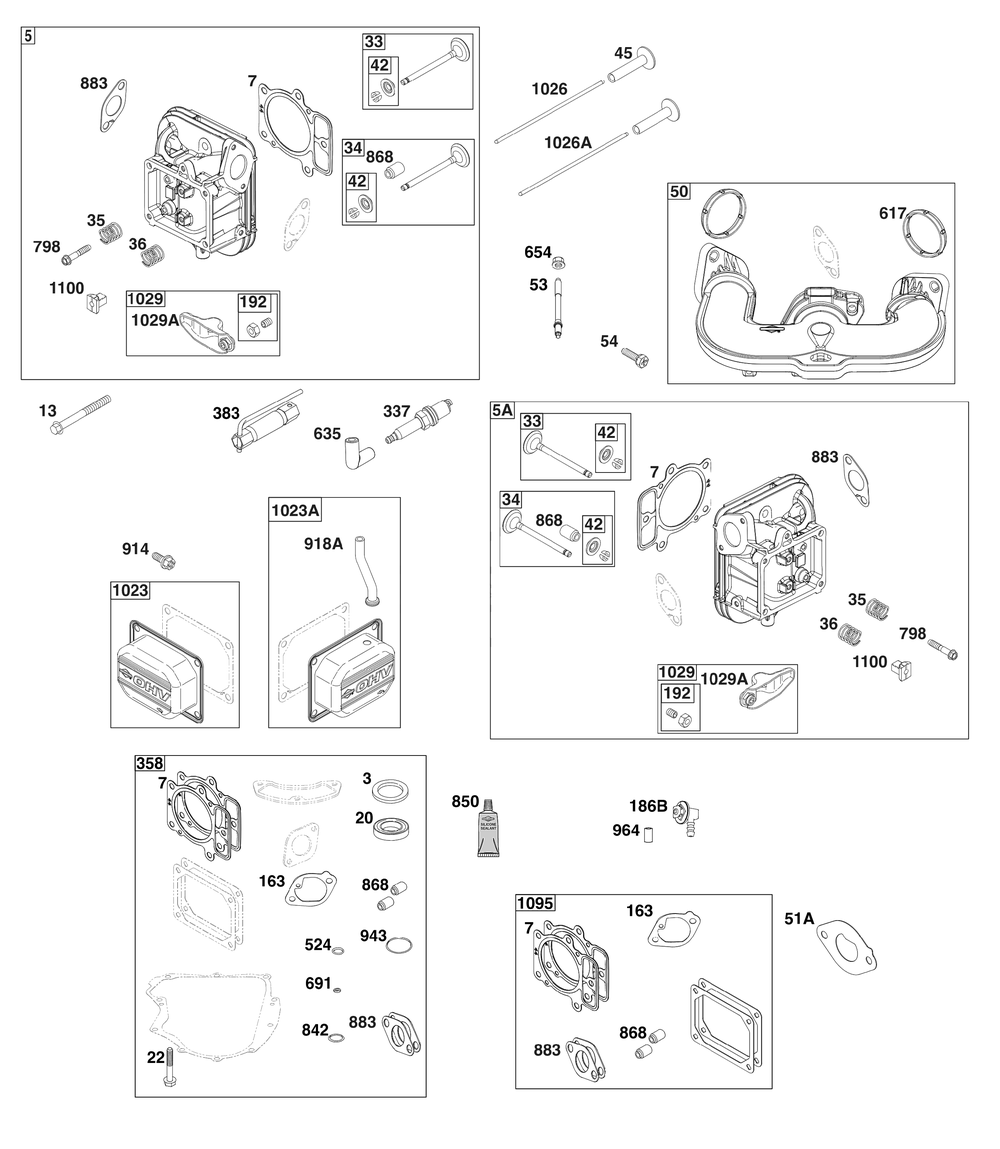Cylinder Head Group Diagram and Parts List for 44U677-0009-B5 400000 - 699999 Briggs and Stratton Engine